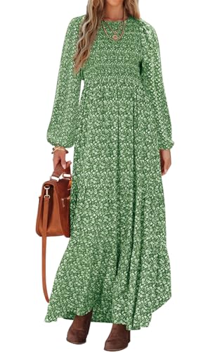 PRETTYGARDEN Women's Fall Dresses 2024 Long Sleeve Flowy Casual Floral Maxi Dress Crew Neck Smocked Tiered Long Dress