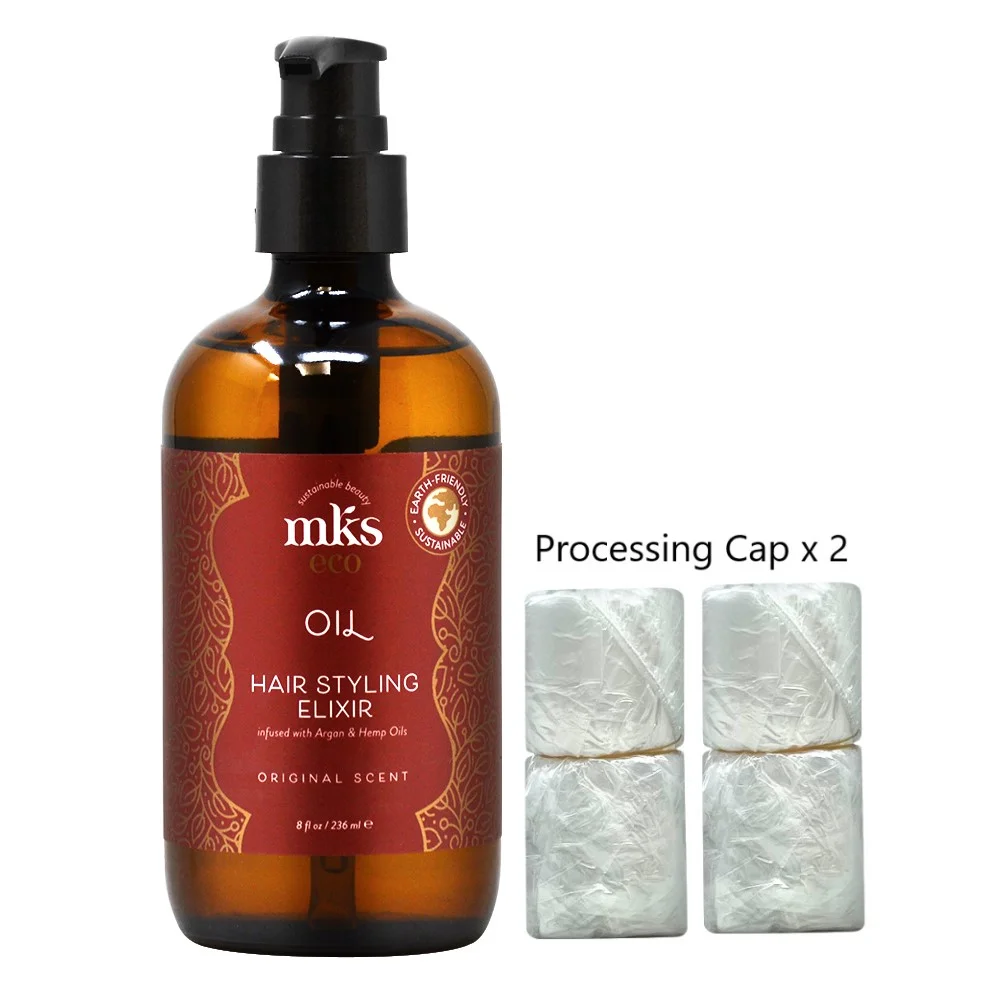MKS Eco (Marrakesh) Original Oil Hair Styling Elixir 8oz + Processing Cap (2 Packs)
