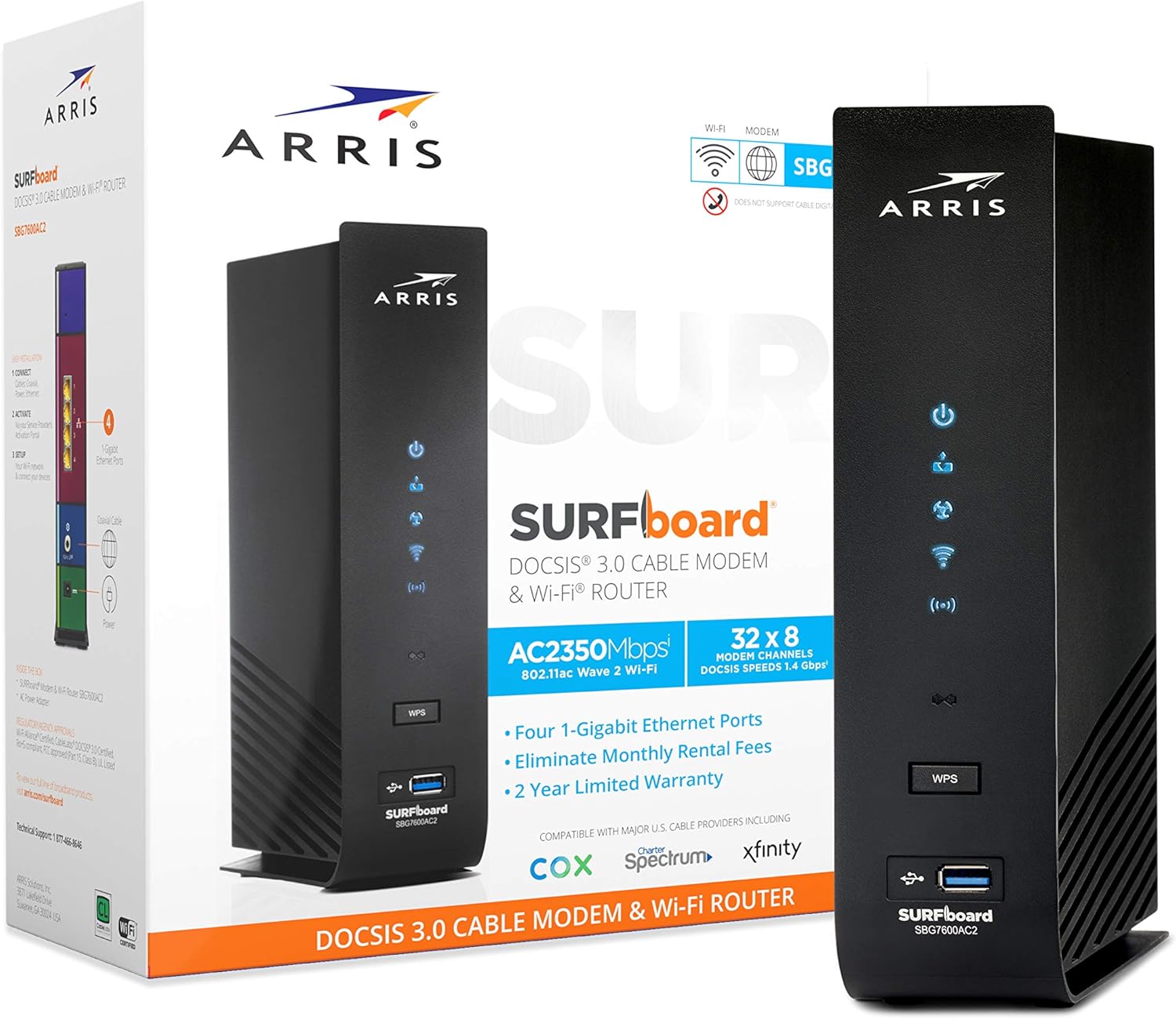 ARRIS SURFboard SBG7600AC2 DOCSIS 3.0 Cable Modem & AC2350 Dual-Band Wi-Fi Router, Approved for Cox, Spectrum, Xfinity & others (black)