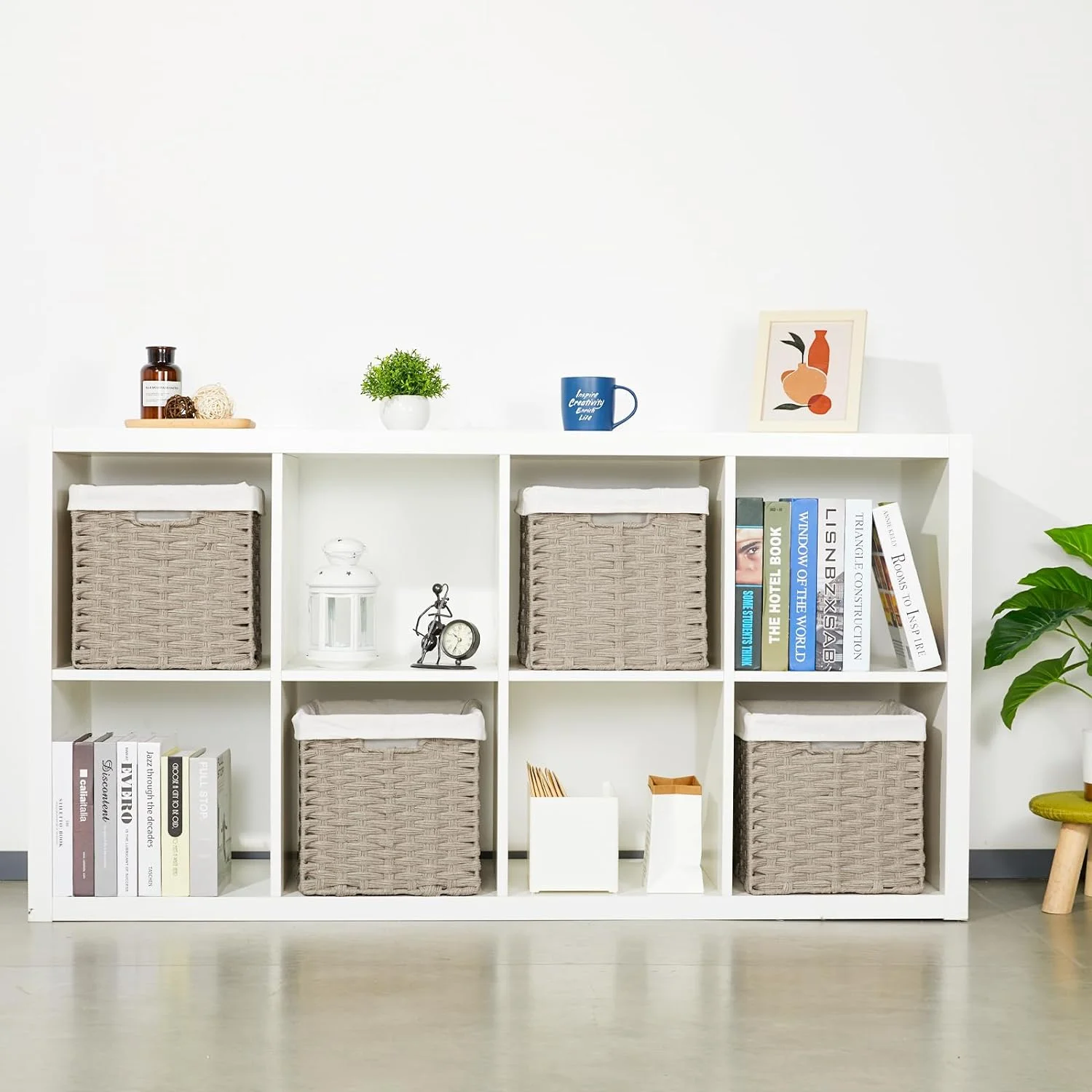 Wicker Storage Baskets for Organizing 4-Pack Hand-Woven Imitation Wicker Cube Storage Bins with Liners for Shelves Closet Cabinet 11x11 Waterproof Cube Organizer for Pantry-Greyish Beige