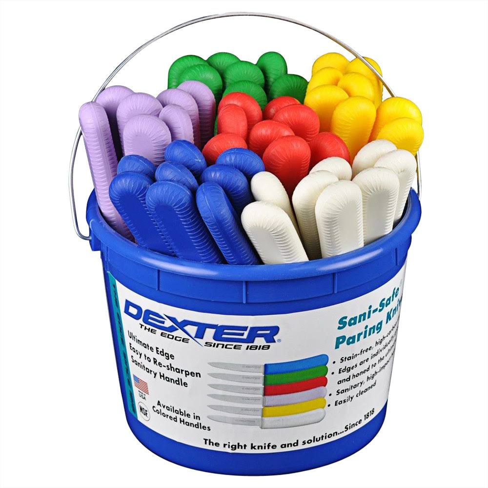 Dexter-Russell 15483 Sani-Safe Bucket of (48) 3 1/2x22 Smooth Paring Knives in Assorted Colors