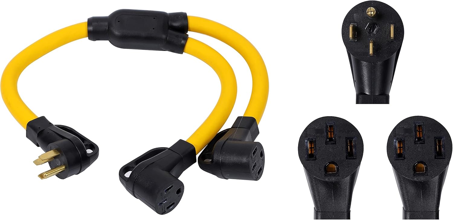 NEMA 14-50P to 2 Outlet 14-50R Y Splitter STW 6 AWG 3 Feet 120V/240V 50 Amp 4 Prong Male Plug Female Receptacle Welder Generator Dryer RV Power Cord Adapter