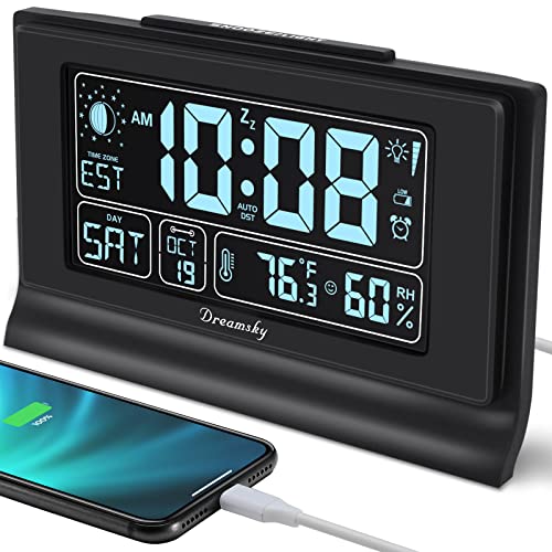 DreamSky Alarm Clocks for Bedrooms with Battery Backup, Auto Set Digital Clock with Date and Day of Week, 5 Inch Large Display with Weekday Temperature, USB Ports, Auto DST, Brightness Dimmer, 12/24H