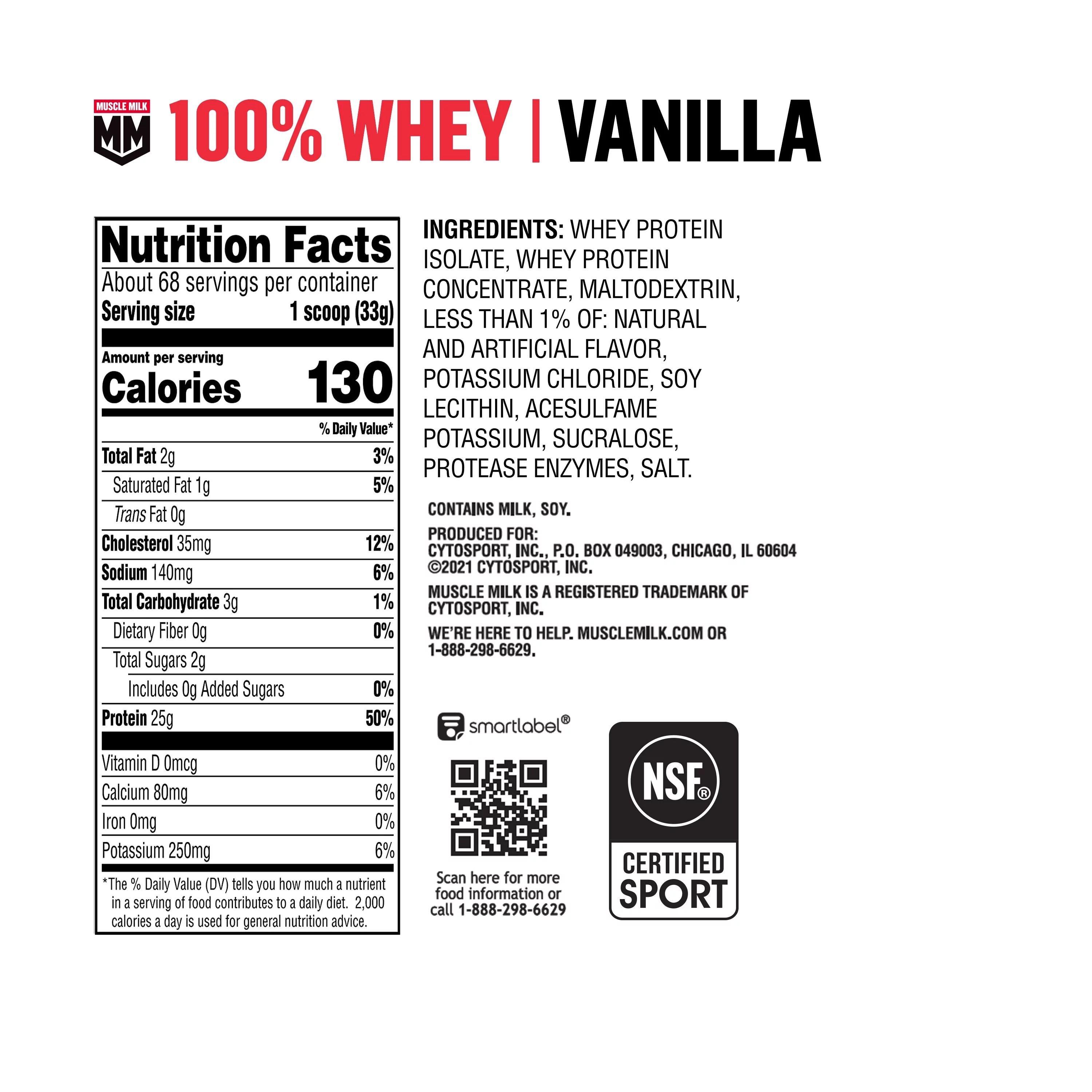 Muscle Milk 100% Whey Protein Powder, Vanilla, 5 Pound, 66 Servings, 25g Protein