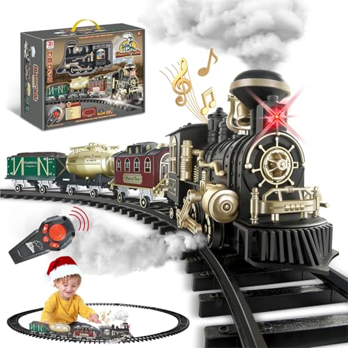 JUQU Christmas Train Set for Kids Ages 3-8 – Remote Control Steam Locomotive Toy Train with Smoke, Lights, Sound & Tracks, Christmas Tree Train for Around or Under Tree Gift