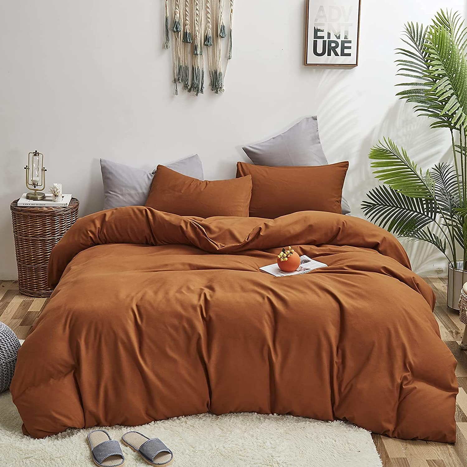 Pumpkin Color Comforter Sets Solid Cinnamon Color Bedding Set Cal King 3 PCs Pumpkin Comforter Sets for Women Girls Breathable Soft Bedroom Collection Solid Rust Color Adults Pumpkin Bedding