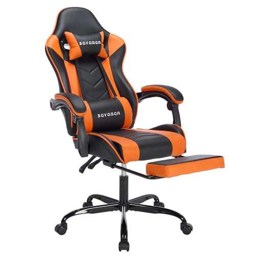 Game Chair Pu Leather Computer Desk Chair, Ergonomic Gaming Chair with Footrest and Massage Video Game Chairs, Adjustable High Back Office Chair Swivel Gaming Recliner for Adults