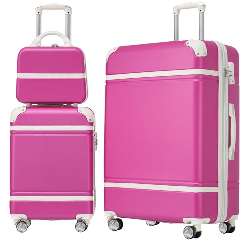 Merax Hard Shell Luggage Set, 3 Pieces 20”+28”Luggage and Cosmetic Case, Lightweight Suitcase with Spinner Wheels and TSA Lock, White