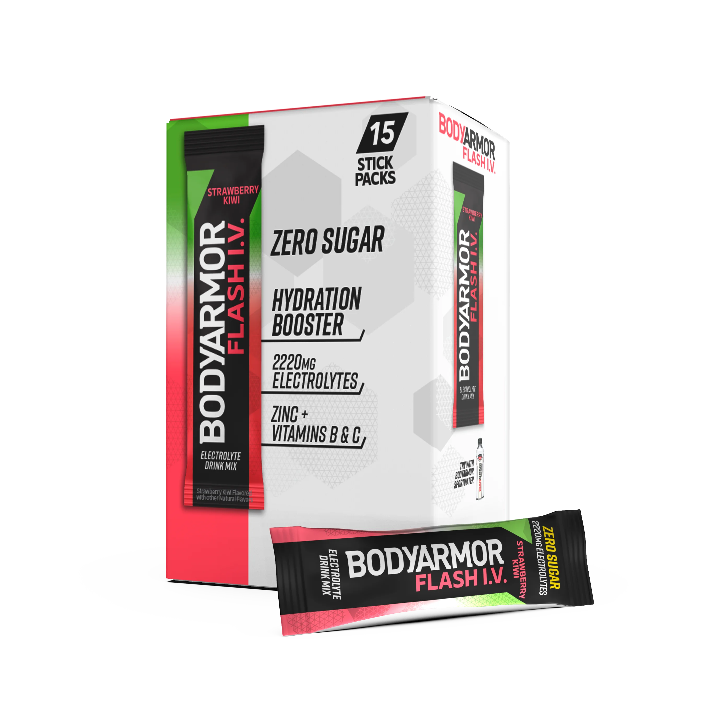 BODYARMOR Flash I.V. Rapid Rehydration Electrolyte Powder Sticks, Zero Sugar Drink Mix, Strawberry Kiwi, 15pk