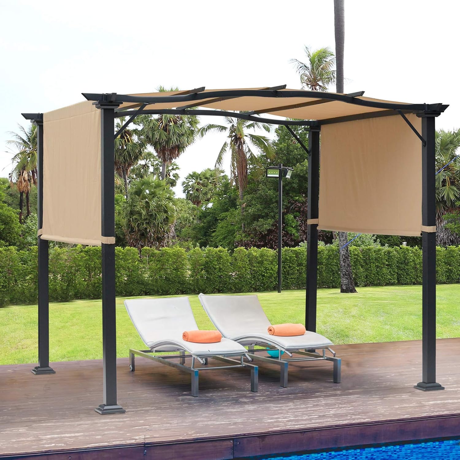 Outsunny 8' x 10' Retractable Pergola Canopy Steel Frame Polyester Fabric Gazebo with Retractable Canopy Shade Awning