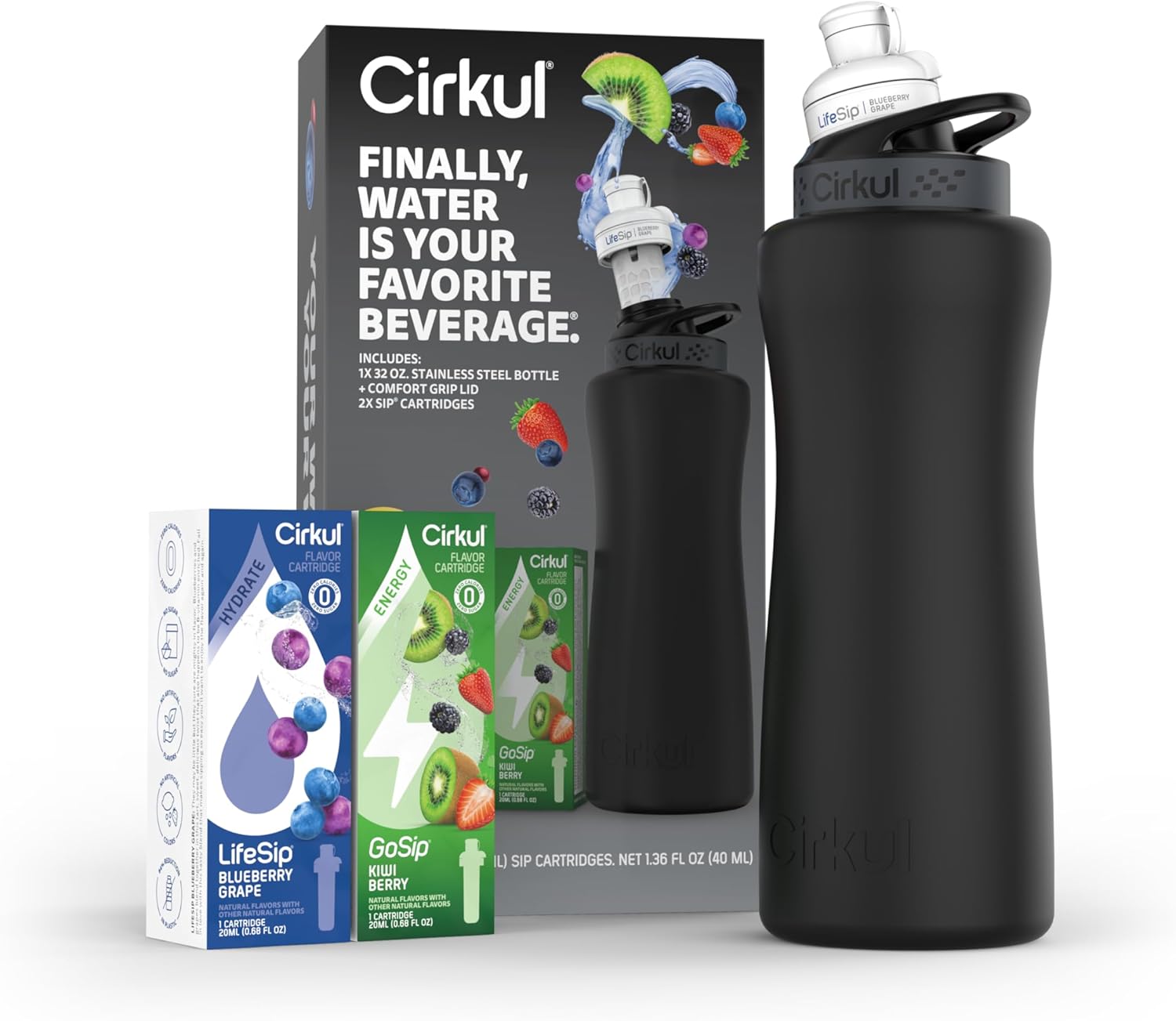 Cirkul 32oz. Matte Black Stainless Steel Water Bottle Starter Kit with Black Lid and 2 Flavor Cartridges (1 LifeSip Blueberry Grape, 1 GoSip Kiwi Berry) Zero Calories and No Sugar