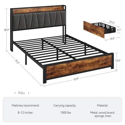 GAOMON Full Size Bed Frame with 4 Storage Drawers and Linen Upholstered Headboard, Full Platform Bed Frame with Charging Station, No Box Spring Needed, Easy Assembly, Vintage Brown