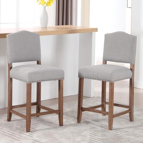 Faux Leather Counter Height Bar Stools Set of 4 Upholstered White Counter Stools 26 Inch Modern Stool Chair with Backs, Nailhead Decoration