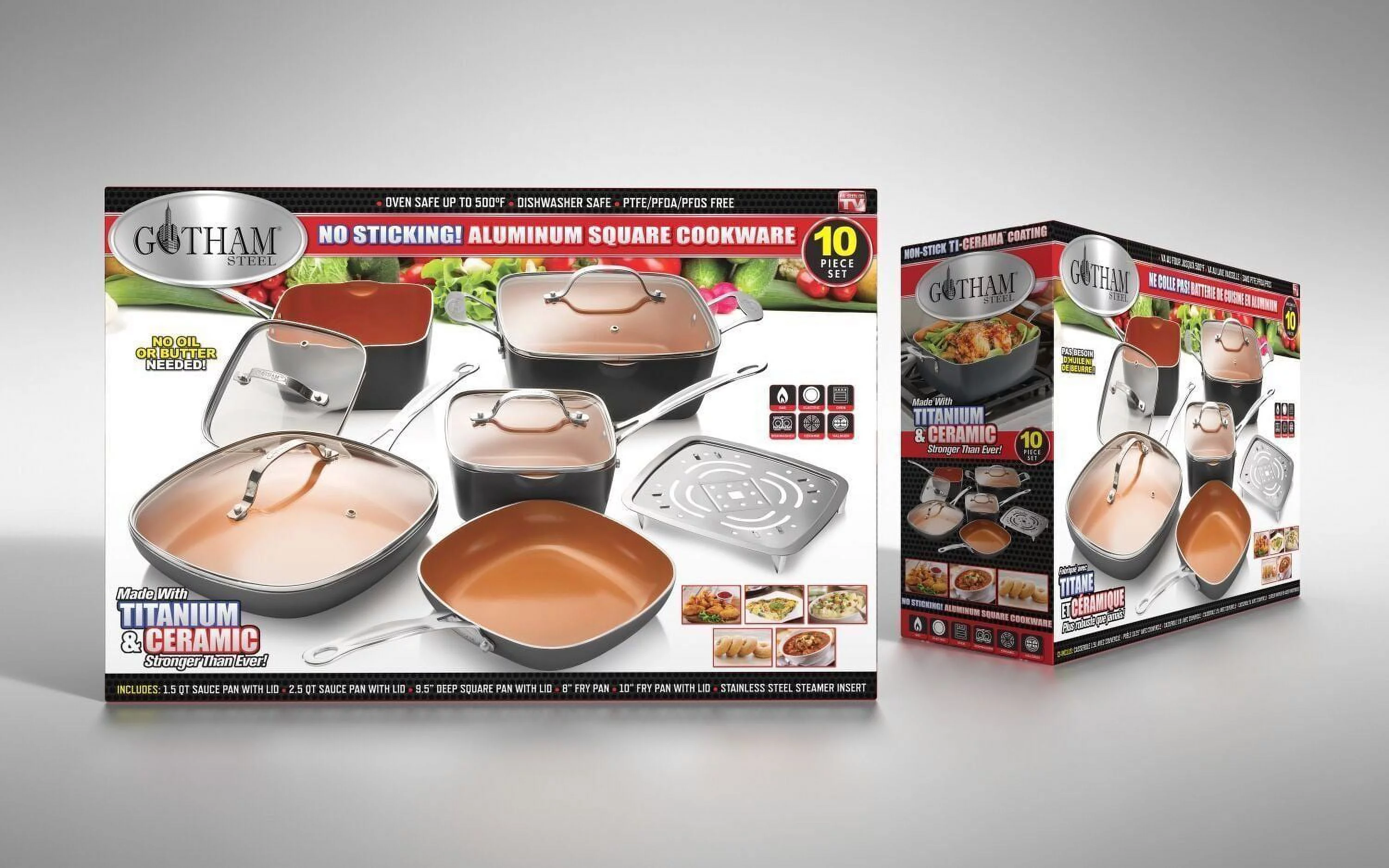 Gotham Steel Pots and Pans Set, 10 Piece Square Design with Ultra Nonstick Ceramic Coating, Includes Skillets, Sauce Pan, Stock Pot, Stainless Steel Steamer, Dishwasher Safe, Graphite