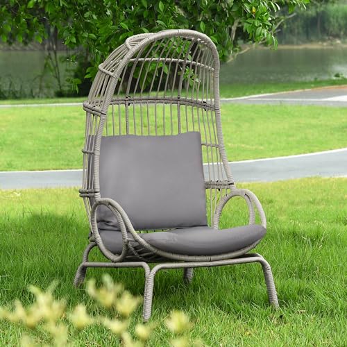 YITAHOME Outdoor Narrow Egg Chair Wicker, Patio Rattan Basket Chair with 370lbs Capacity Indoor Egg Chairs with Stand & Cushion Cocoon Chair for Bedroom, Patio, Balcony - Grey