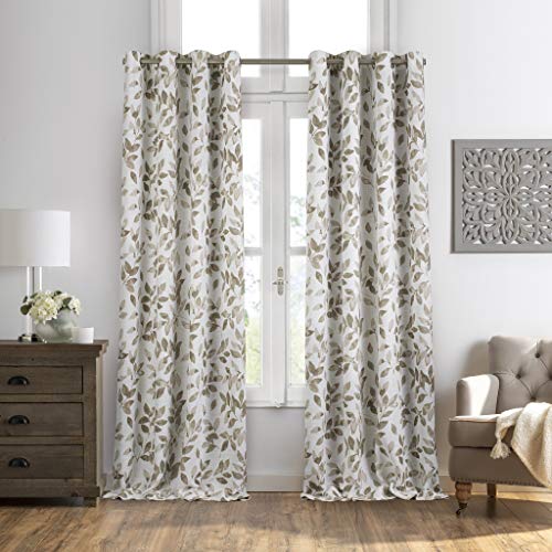 Elrene Home Fashions Avalon Modern Cottage Nature-Inspired Botanical Floral Leaf Print Blackout Linen Blend Window Curtain, 52 in x 84 in (1 Panel), Grey