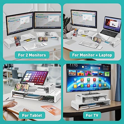 Dual Computer Monitor Stand Riser with Drawer phone stand, Adjustable Foldable PC Monitor Riser for Desk, Laptops, Tablets, Printers,TV Screen, Keyboard Storage, Gift Ideas - Black