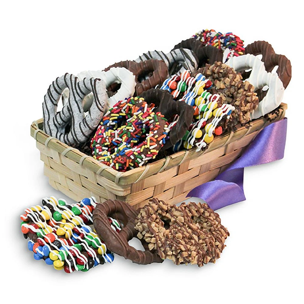 Delectable Dozen Gourmet Chocolate Covered Pretzel Twists Gift Basket