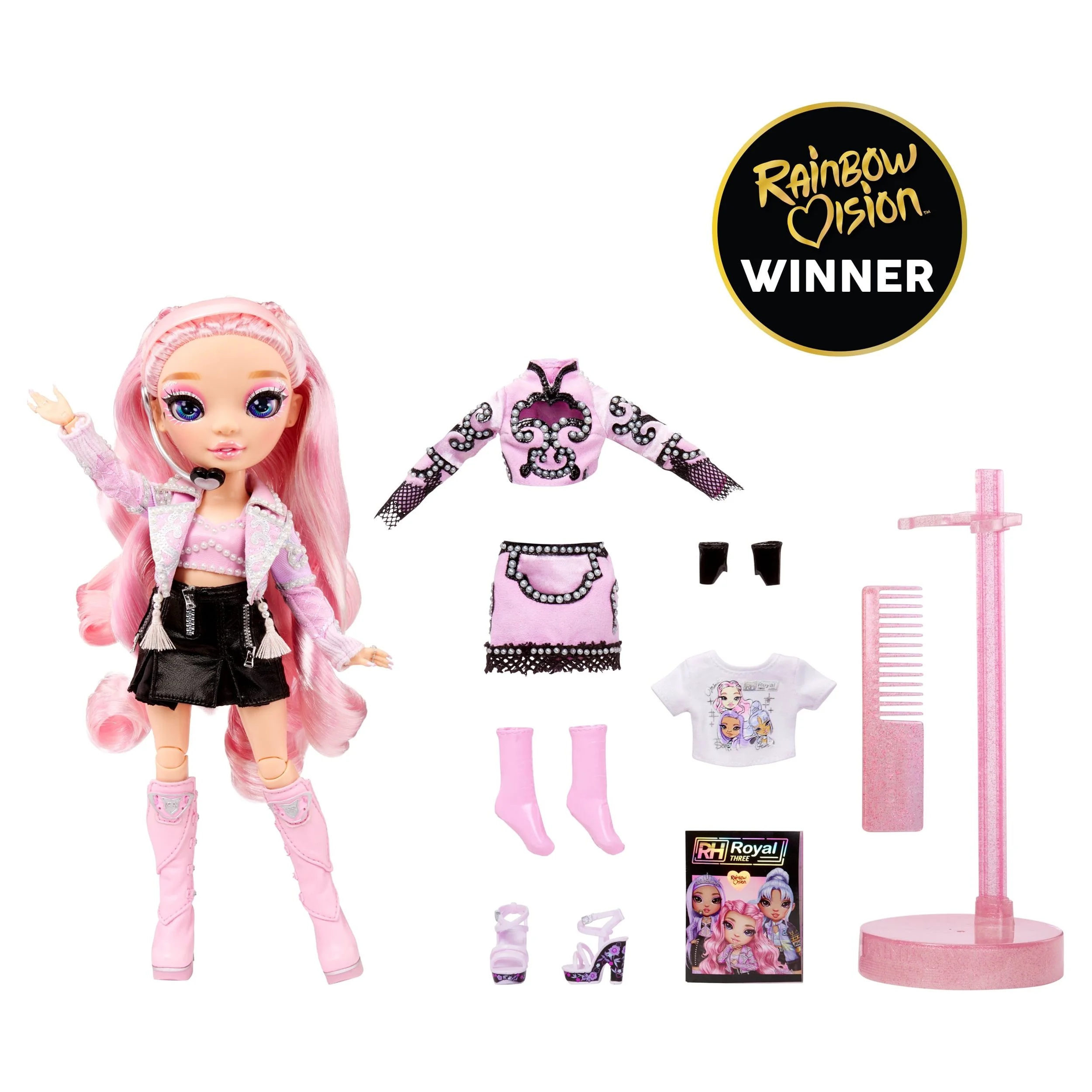 Rainbow High Rainbow Vision Royal Three K-pop – Minnie Choi (Pink Lavender) Fashion Doll. 2 Designer Outfits to Mix & Match w/ Microphone Headset & Band Merch Playset, Gift for Kids 6-12