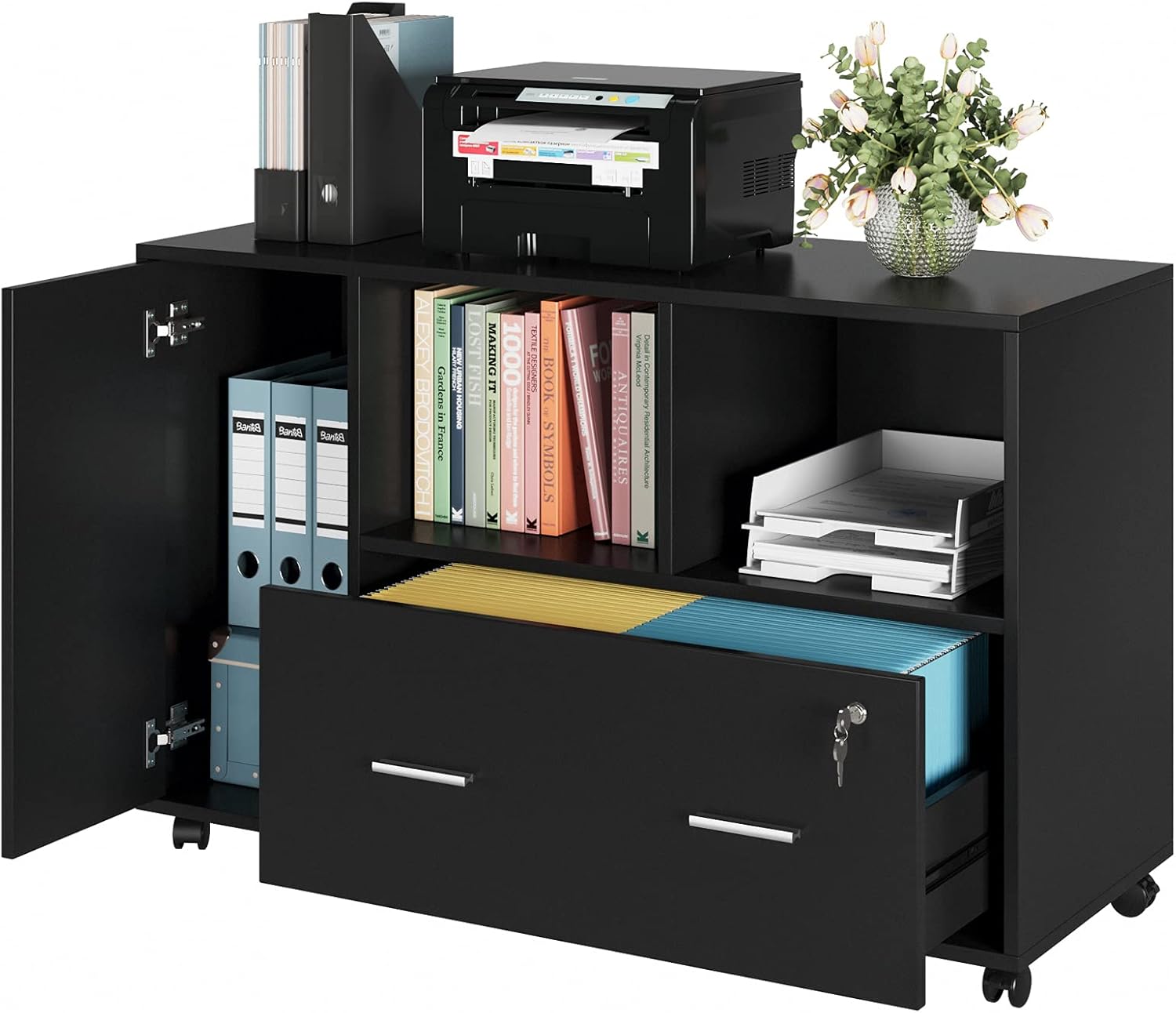 File Cabinet with Drawers and Lock, Wood Lateral Filing Cabinet, Rolling Printer Stand with Open Shelves for Home Office, Black
