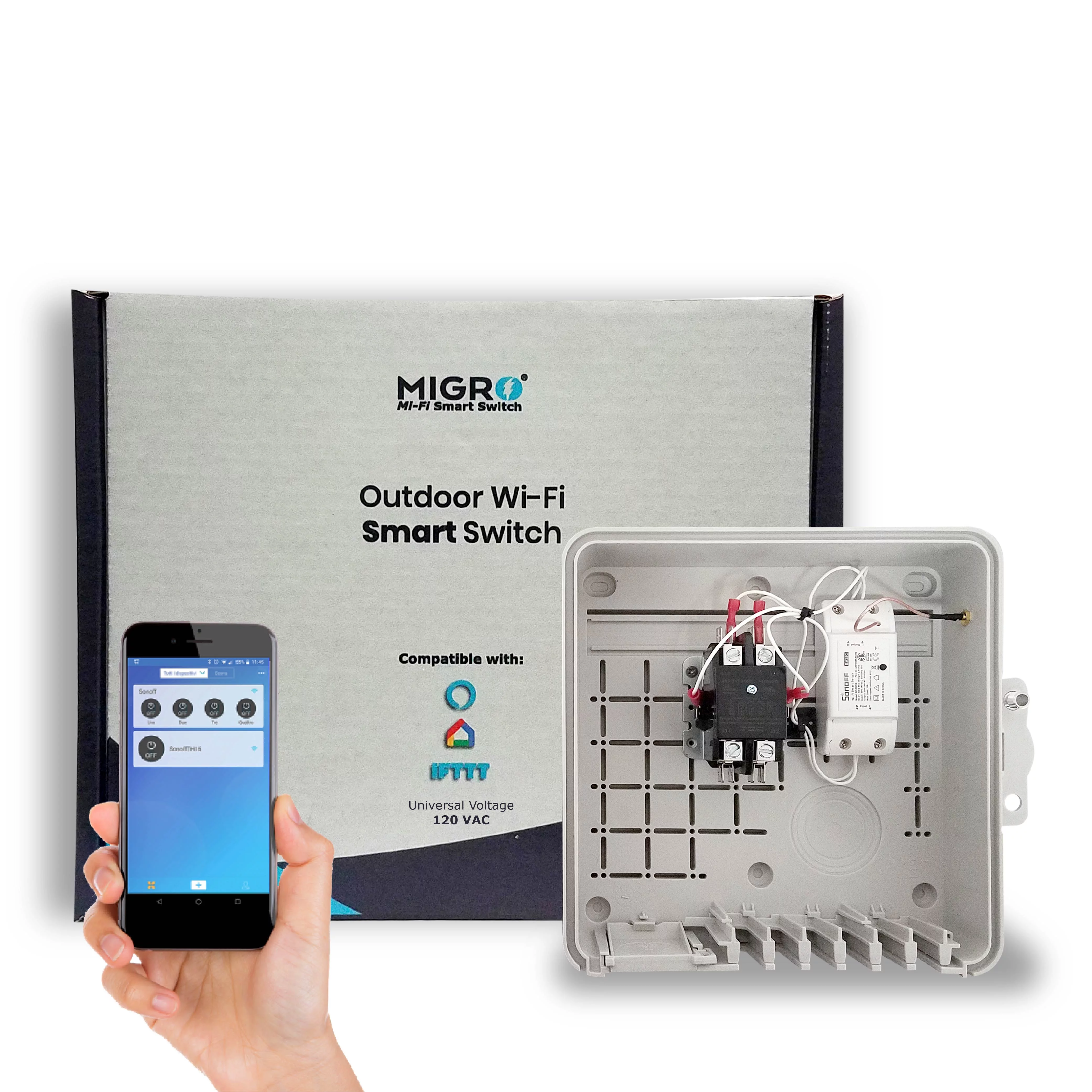 MIGRO Outdoor Smart Wi-Fi Outlet Box, Heavy Duty 50A Resistive 120VAC 40A 5HP Wireless Pump Control Timer Switch, Compatible with Smart Phone, Alexa, Google Home, IFTTT UL Listed