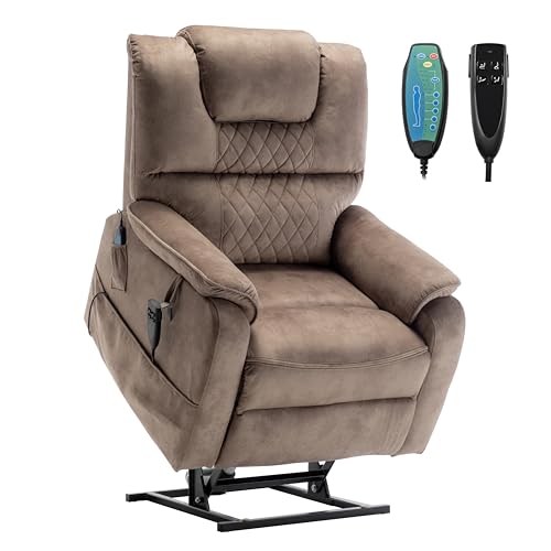Oversized Power Lift Recliner Chair for Elderly with Massage Heat, Brown Velvet Electric Lay Flat Recliners with Cup Holders, Side Pockets, Infinite Position, Gift for Family