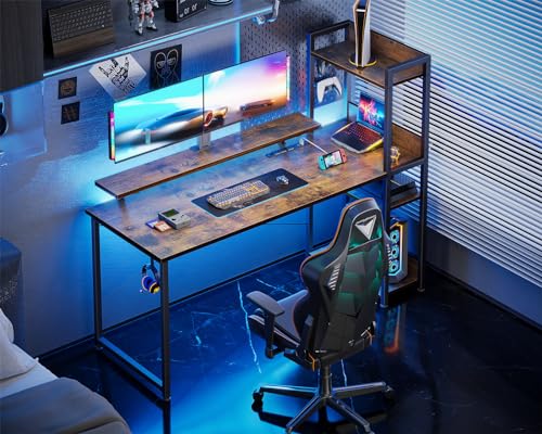 ODK Reversible Gaming Desk with Power Outlets, 40 Inch Computer Desk with Storage Shelves and Monitor Stand, Small Gamer Desk for Home Office, Small Space Bedroom, Carbon Fiber Black