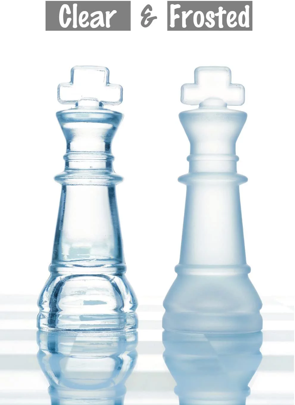 Gamie 12 inch Glass Chess Set, Elegant Design, 32 Frosted Clear Pieces