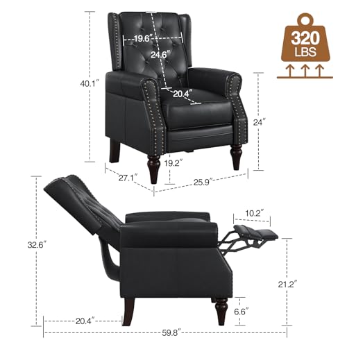 Lazy Boy Recliner Chair, Faux Leather Wingback Chair, Single Sofa Chair with Rivet Trim and Tufted Button, Club Chair with Wooden Legs, Pushback Arm Chair for Living Room Bedroom Club Cafe, Matt Brown