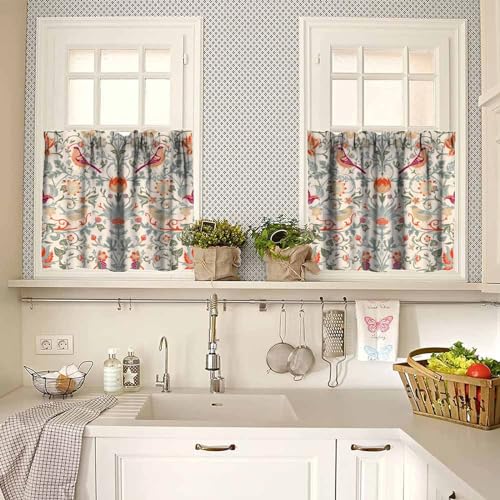 William Morris Kitchen Valance Curtain,Boho Retro Bird Elegant Animal Printed Small Window Treatments for Kitchen Living Room Bathroom Cafe Decor Rod Pocket Vintage Valances 54x18 Inch, 1 Panel