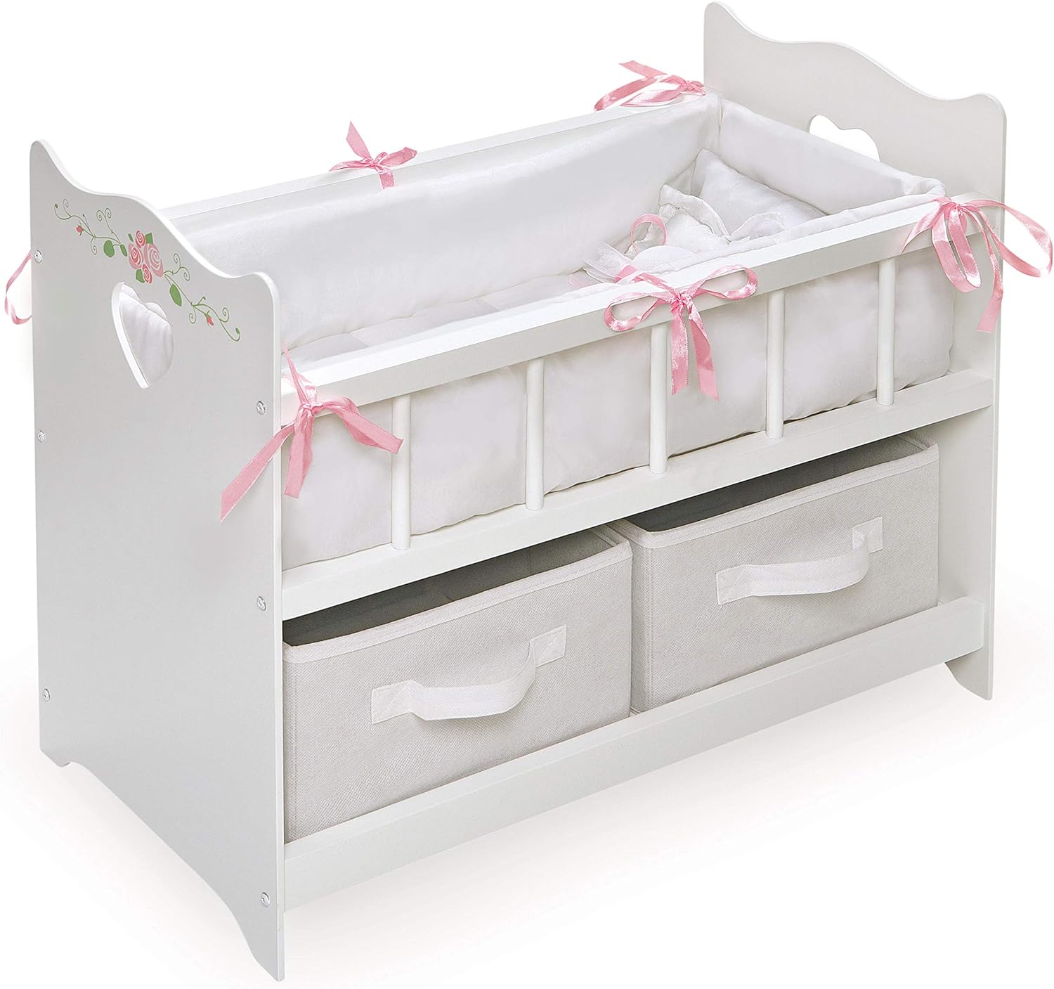 Badger Basket Toy Doll Bed with White Bedding, Storage Baskets, and Personalization Kit for 20 inch Dolls - White Rose