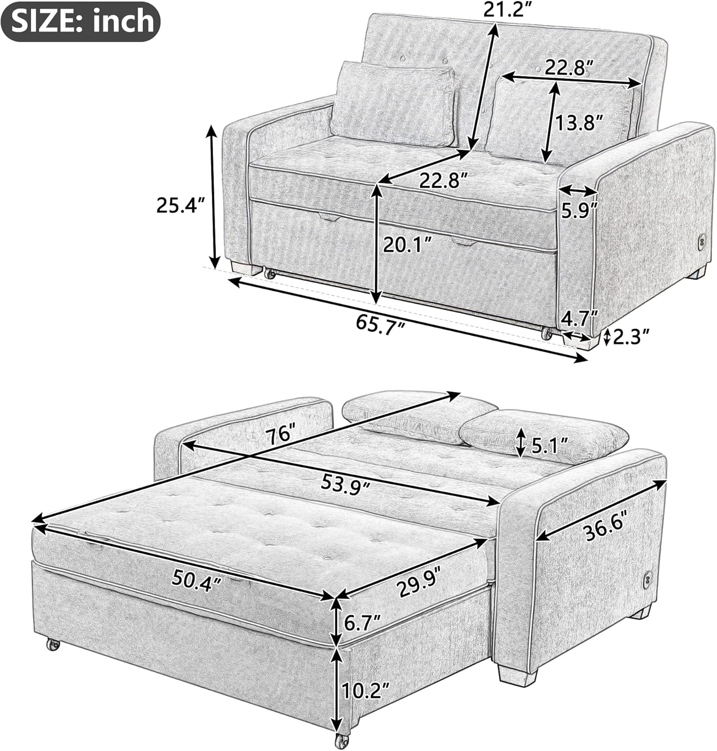 3 in 1 Multi-Functional Pull Out Sofa Bed , Velvet Upholstered Convertible Sleeper Loveseat Couch Guest Daybed with Adjustable Backrest and Dual USB Charging Port for Living Room Office RV Furniture