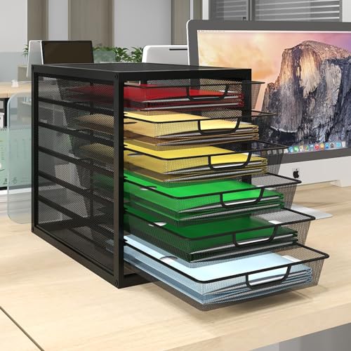 Natwind Mesh Desk Organizer with 4 Tier Sliding Drawers, Office Supplies Desktop Organizers and Accessories Stationery Storage, Paper Sorter, File Binder Organizer for Home Office School,Black