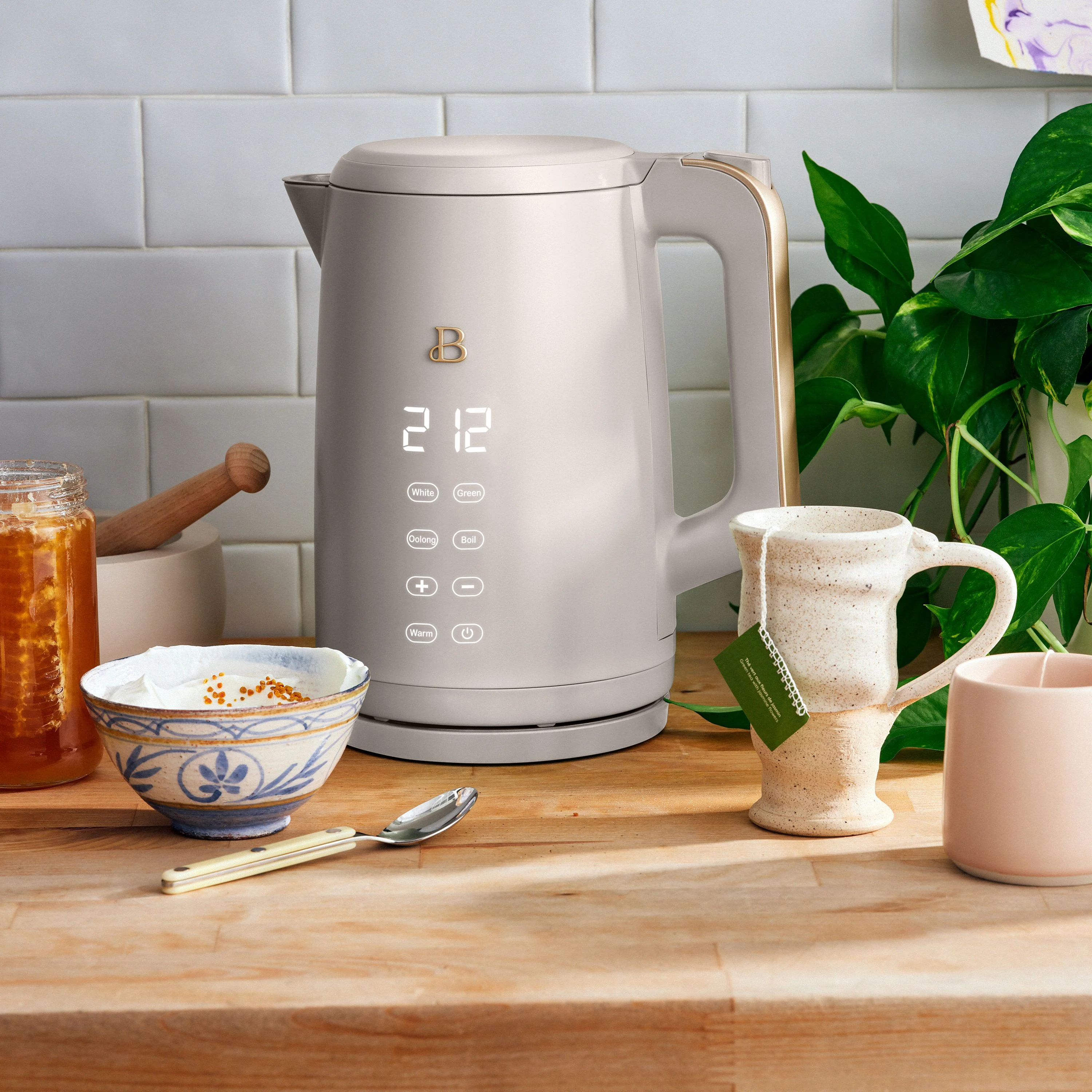 Beautiful 1.7-Liter Electric Kettle 1500 W with One-Touch Activation, Porcini Taupe by Drew Barrymore