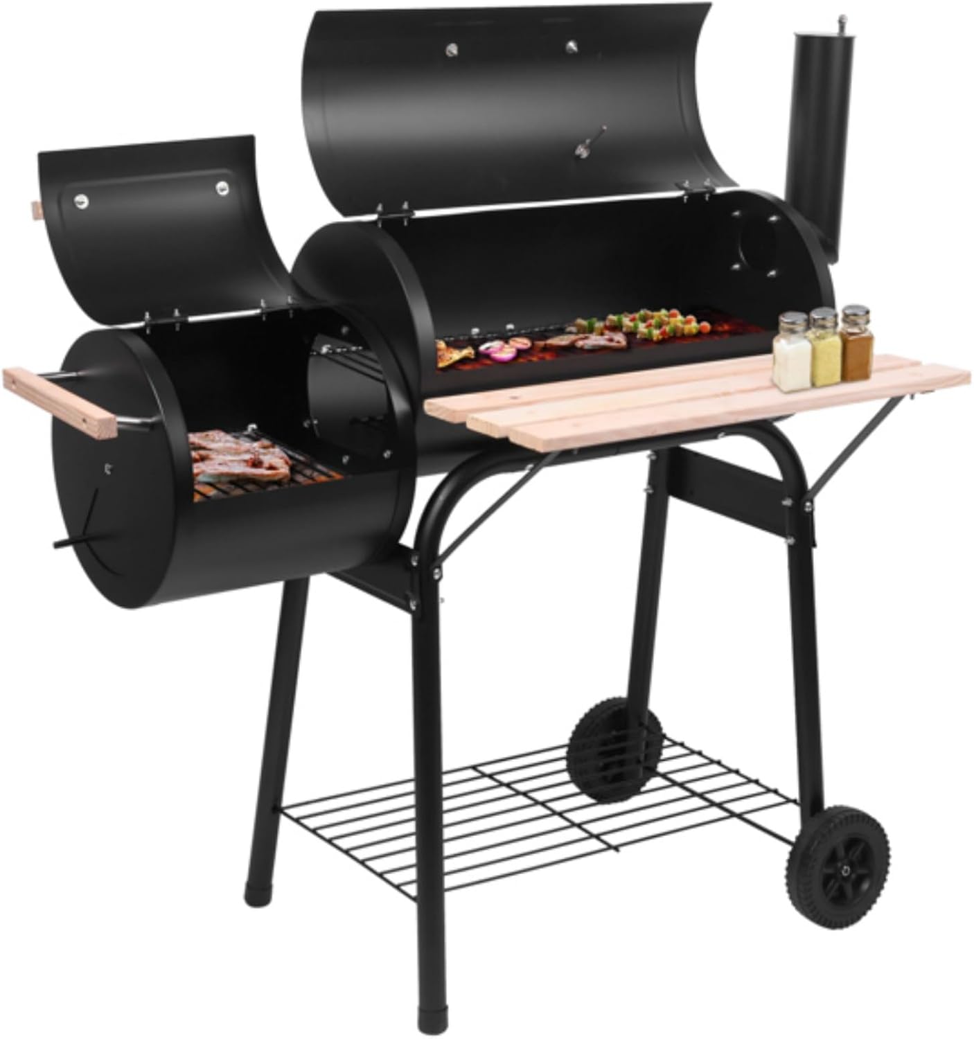 Charcoal Grills Outdoor, Oil Drum BBQ Grill Offset Smoker with Wheels Side Fire Box, Portable Barbecure Grill for Outdoor Cooking Backyard Camping Picnics BBQ Party, Black