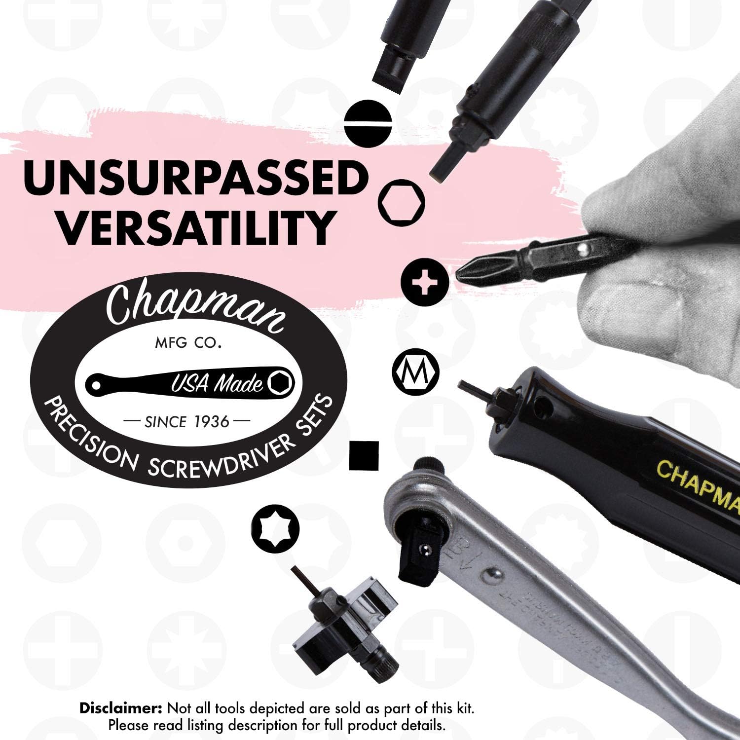 Chapman MFG 7331 All-Purpose Standard Screwdriver Set - Includes Phillips, SAE Allen Hex & Slotted/Flathead Bits - Complete Set Offers 24 USA Made Insert Bits + Mini Ratchet Hand Tool (Yellow Case)