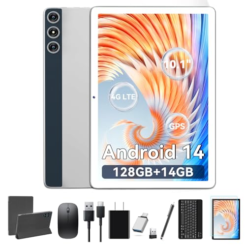 Tablet 10 Inch Android 14 Tablet, Octa-Core 5G WiFi, 4G Cellular Tablet 128GB ROM 14GB RAM, 2024 Newest Tablet with Keyboard Bundle 1TB Expand Android Tablet 13MP+8MP Dual Camera, GPS Tab HD Display