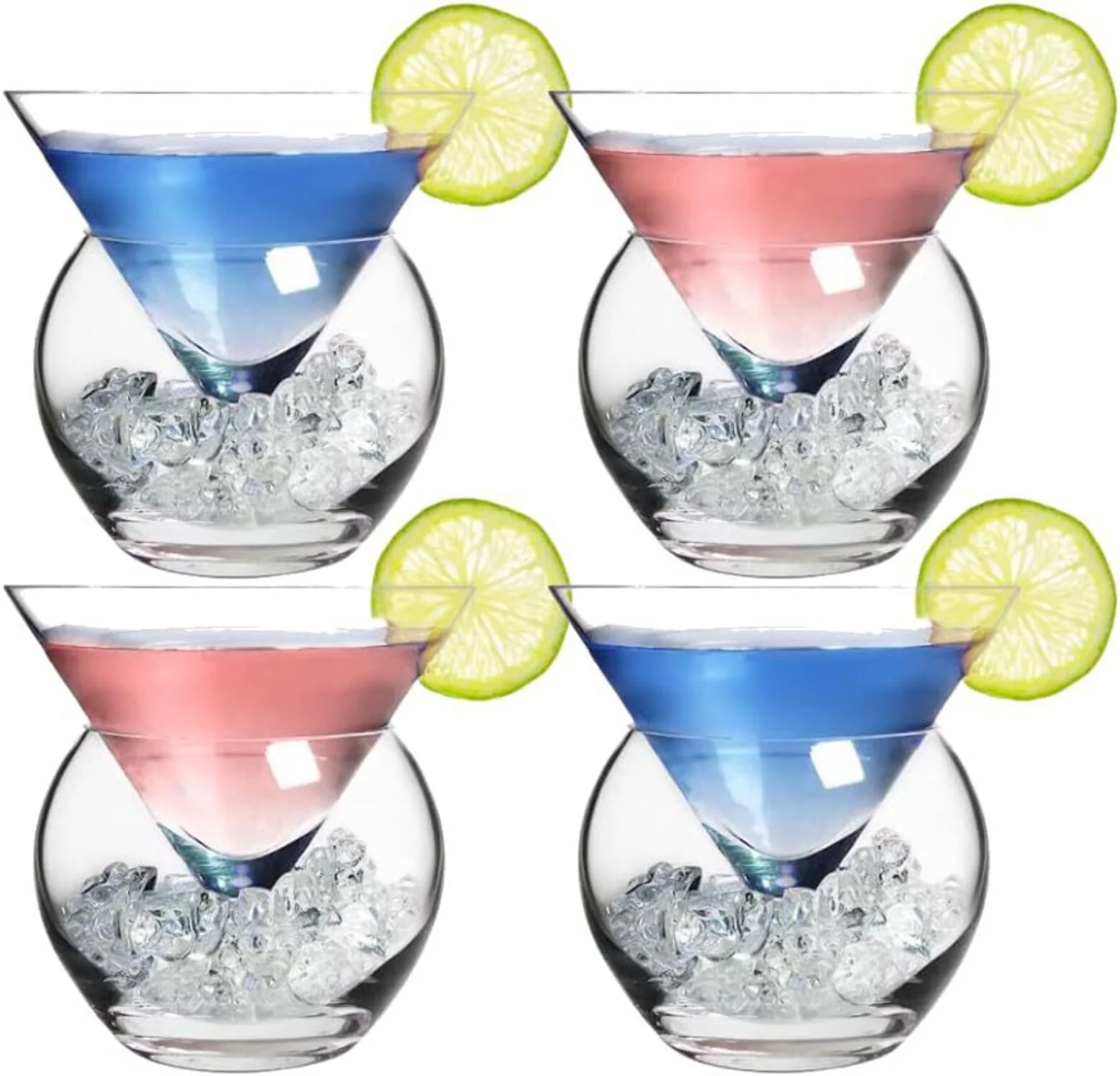 LEMONSODA Stemless Martini Glasses with Chiller - Elegant Cocktail Glass Set with Cavier Server Bowl - Beautiful Bar Martini Gift Set for Margarita, Cosmopolitan, Manhattan Cocktails (Set of 4)