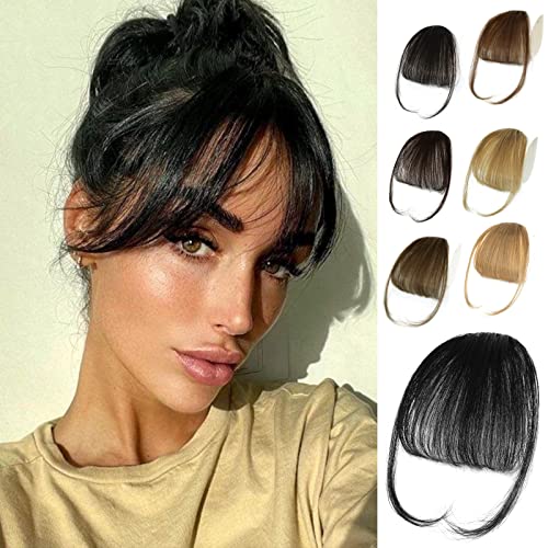 NAYOO Clip In Bangs - Brown Fake Bangs 100% Real Human Hair Extensions Wispy Clip on Air Bangs for Women Fringe with Temples Hairpieces Curved Bangs for Daily Wear(Wispy Bangs,Brown)