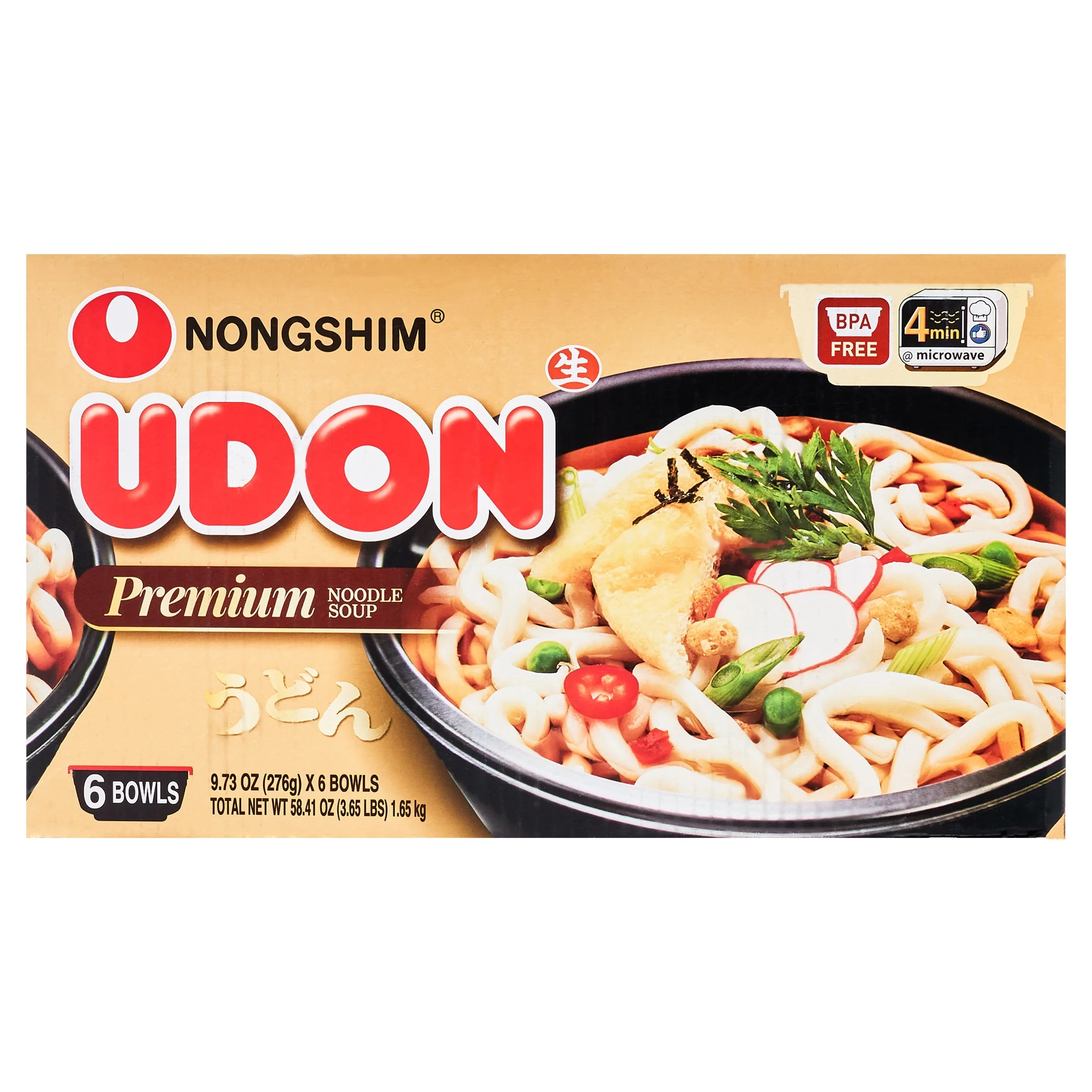 Nongshim Pre-Cooked Udon Savory Soy Premium Noodle Soup Bowl, 9.73oz X 6 Count