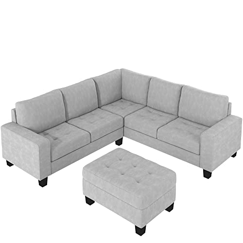 Sectional Corner Sofa L-Shape Couch Space Saving with Storage Ottoman & Cup Holders Design for Large Space Dorm Apartment,Light Grey Living Room Sectionals