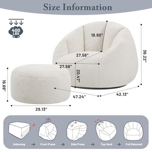 Giant Bean Bag Chair for Adults - Comfy Plush Round Shell Soft Accent Chair, Oversized Cozy Lounge Floor Sofa Reading Chair, Mini Couch for Living Room, Bedroom & Game Rooms, Beige