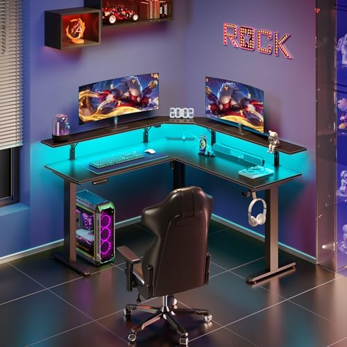 Rolanstar Standing Desk L Shaped with LED Light and Power Outlet, Electric Height Adjustable Desk with Monitor Stand, Sit Stand Up Desk, Computer Office Desk, Black