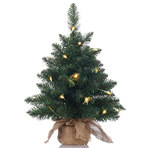 Pre-Lit Artificial Mini Christmas Tree,20 inch Small Pine Xmas Tree with 40 LED Lights,70 Branch Tips,Battery Operated Tabletop Christmas Tree Burlap Base-(50cm)