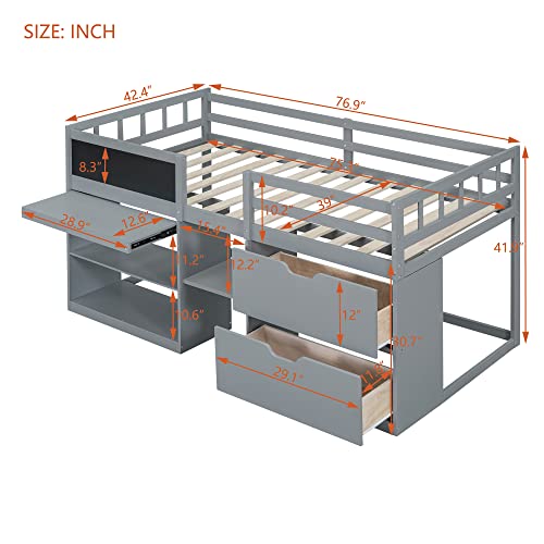 Twin Size Wood Loft Bed with Desk and Drawers, Convertible Shelves, Cabinet and Ladder, for Kids Teens, White