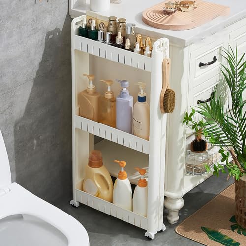 Slim Storage Car Durable Slim Storage Cabinet with Wheels Narrow Shelf Rack for Kitchen,Bathroom,Study,Office,Etc (3 Tier elevated)