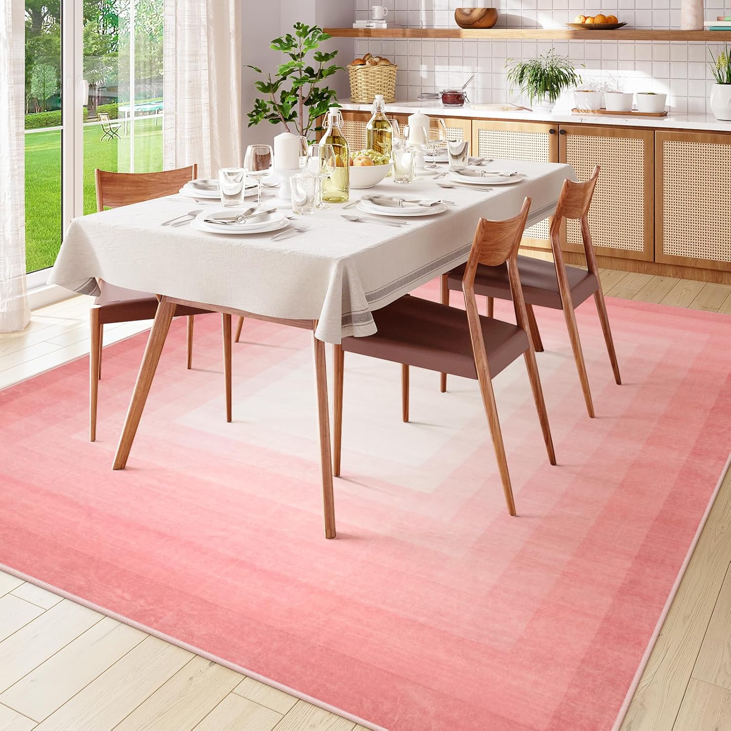 OJIA Pink Washable Rugs 8x10 Large Area Rugs for Living Room, Soft Non Slip Contemporary Neutral Rugs for Bedroom Girls, Modern Non-Shedding Thin Carpet for Under Dining Table Nursery Home Office