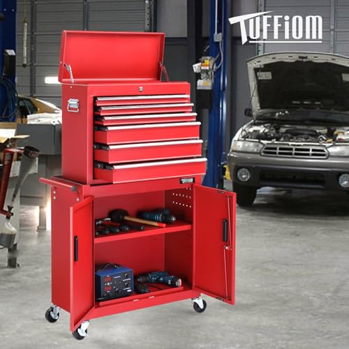 TUFFIOM 5-Drawer Rolling Tool Chest Storage Cabinet w/Drawers, Wheels, Detachable Top & Adjustable Shelf, Mechanic Tool Organizer Box for Garage, Workshop, Warehouse & Repair Shop, Red & Black