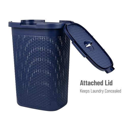 Mind Reader 60L Slim Laundry Hamper, Clothes Basket, Lid, Wicker Style, Plastic, 17.65