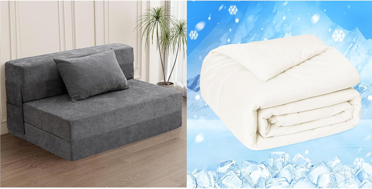 HOMFINE Folding Sofa Bed - Convertible Sleeper Chair with Pillow, Fold Out Couch, Memory Foam Floor Mattress, Futon Couch, Lazy Sofa for Living Room/Dorm/Guest Room/Home Office, Twin, Gray